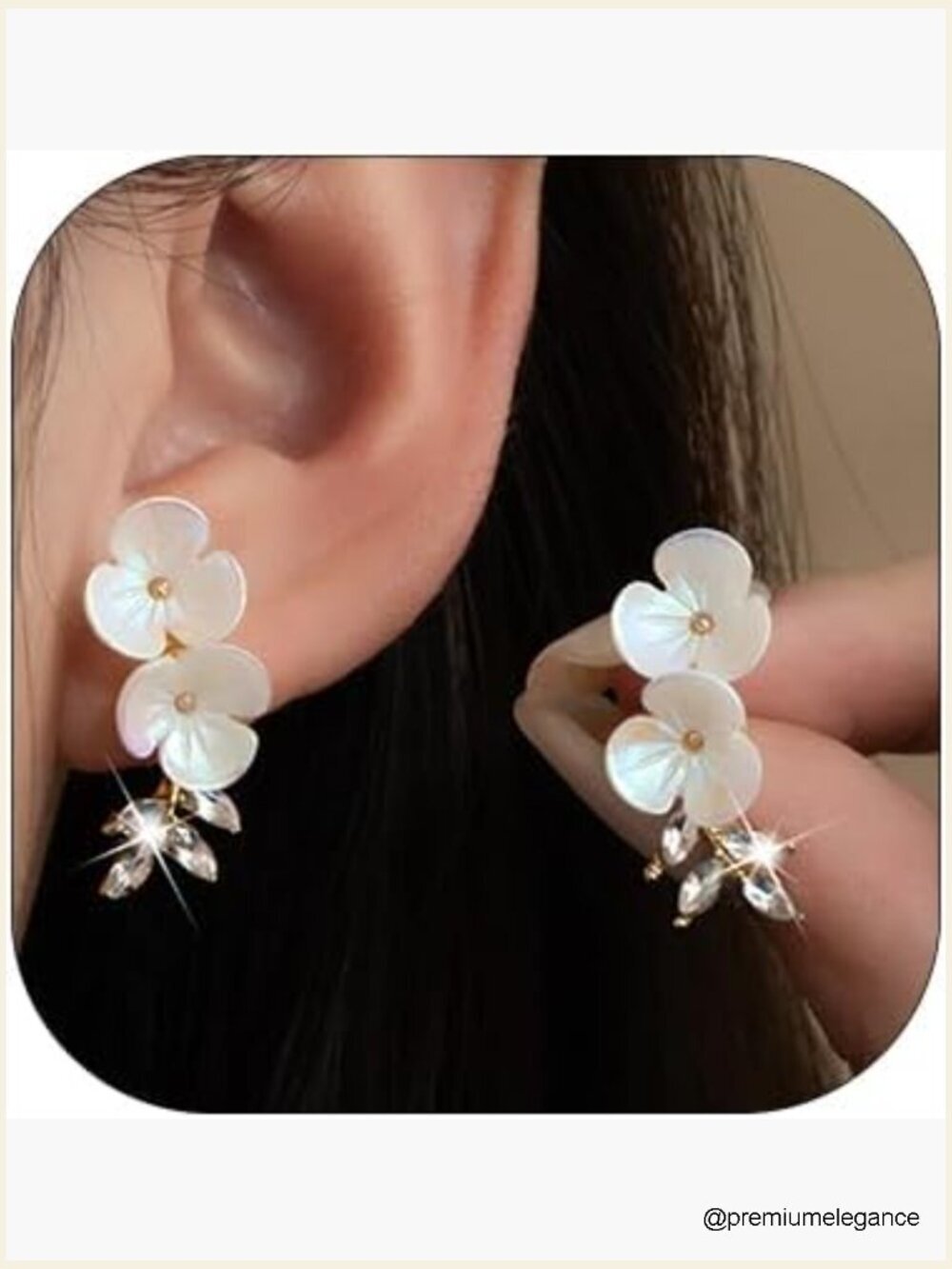 White Shell Pearl Stud Earrings Floral Charm Cute Camellia Cubic Zirconia